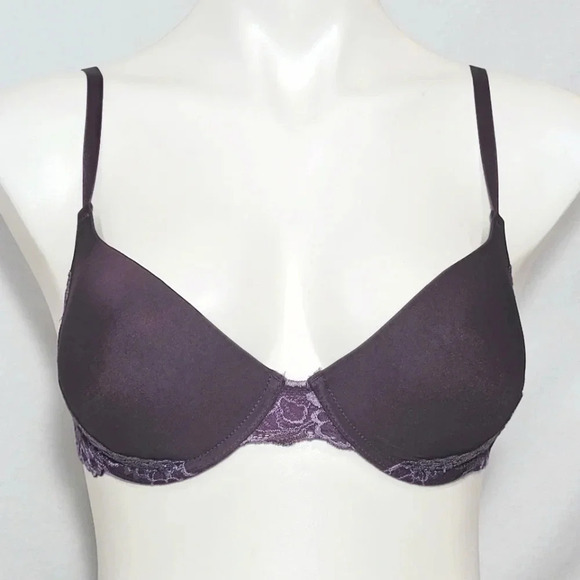 34C Gilligan O'Malley Lace Trimmed Push Up Underwire Bra Plum Gently Pre-owned - Picture 2 of 6